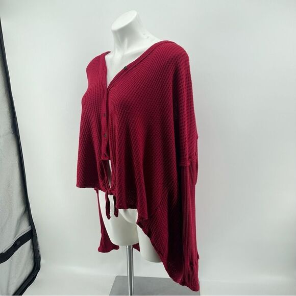 Knox Rose Red Long Sleeve Waffle Knit Tie Hem Button Front Lace Panel Top 2X - Picture 6 of 14